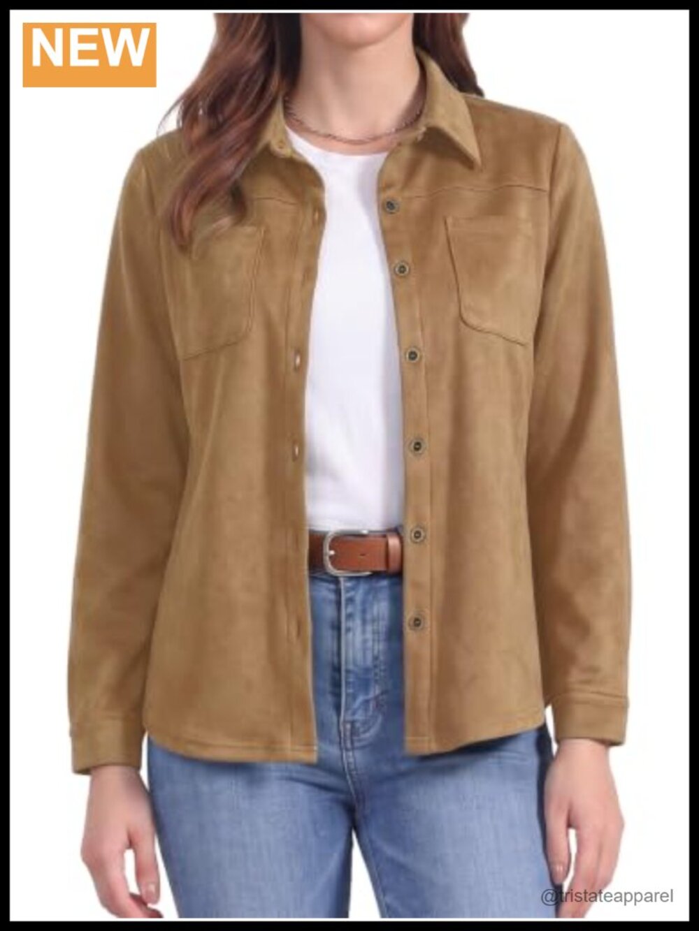 Faux Suede Women's Casual Button Down Long Sleeve Shirt with Front Pockets